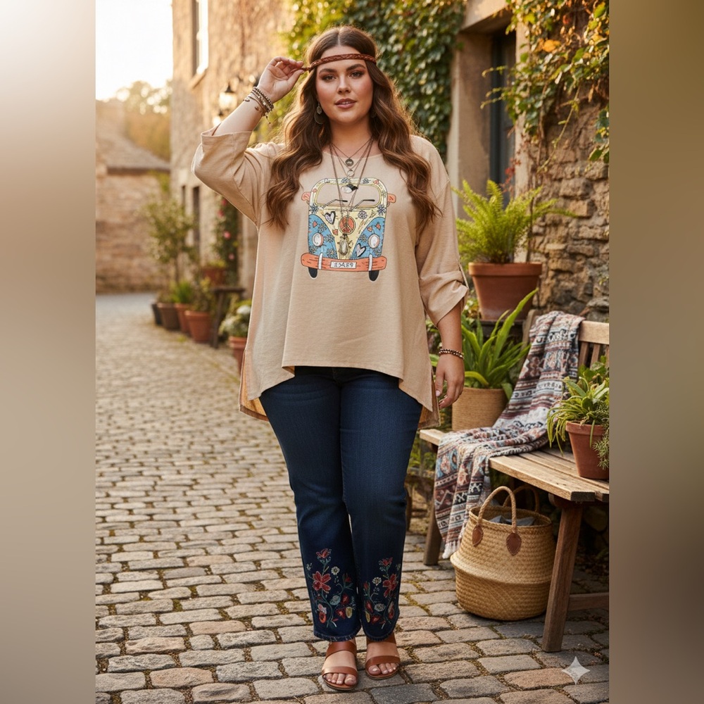 MISSLOOK Peach Lagenlook XXL Tunic - Hippie Bus Graphic Asymmetric Hem Top
